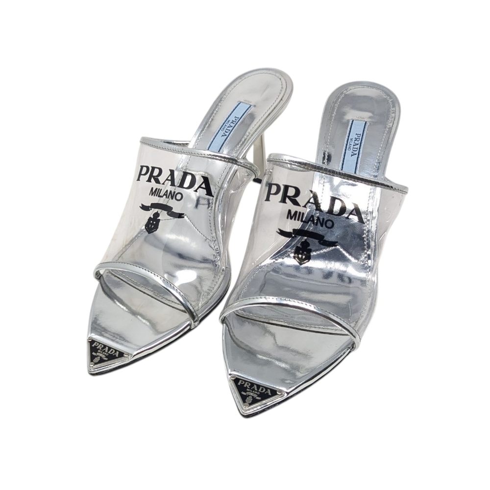 Prada PVC Pointed Plexiglass Metallic Triangle Logo Clear Sandal Mule Slides 38 - Picture 4 of 12